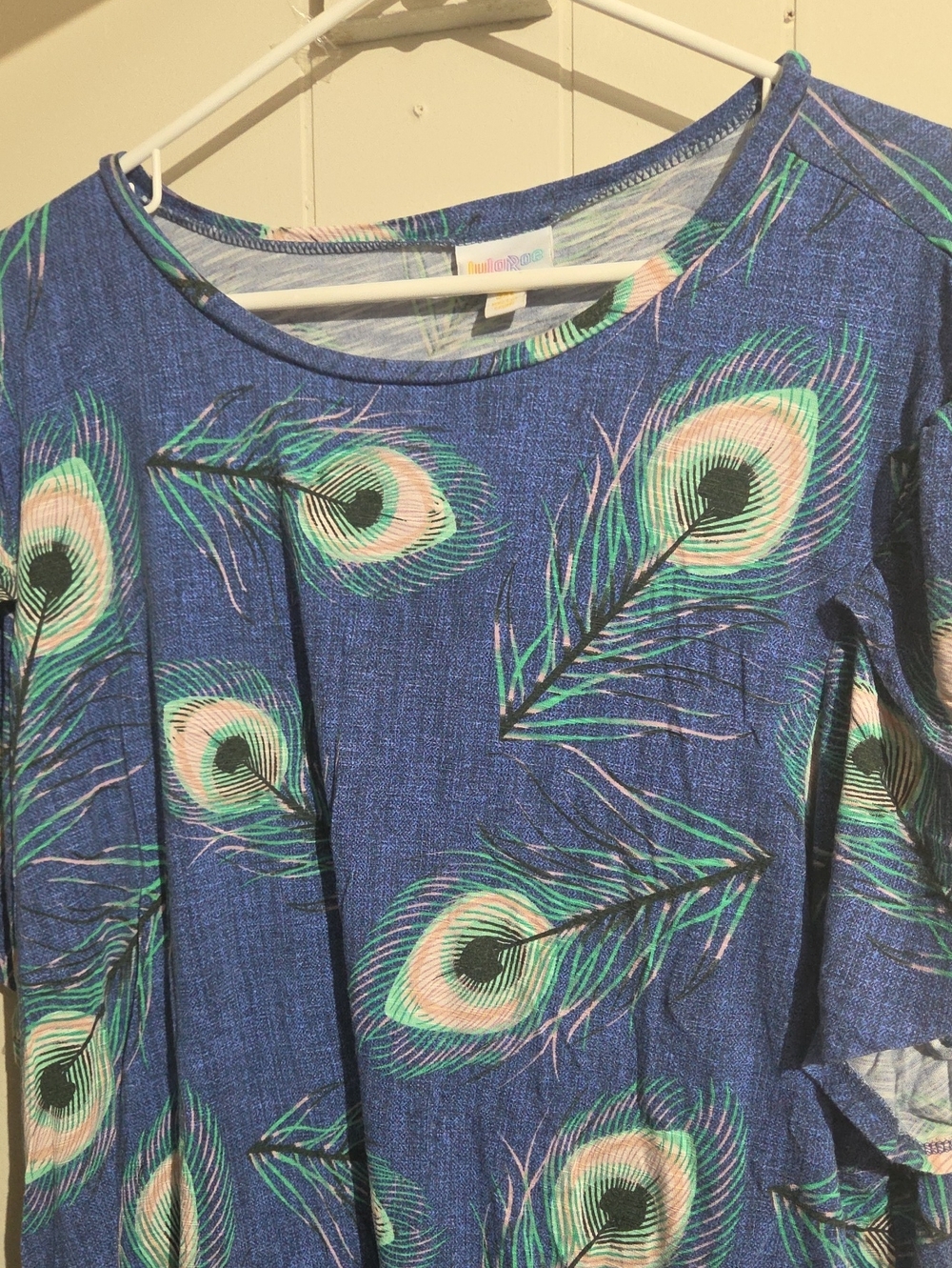 Lularoe Blue Peacock Feather Print  "Olive" Top 3x Like New